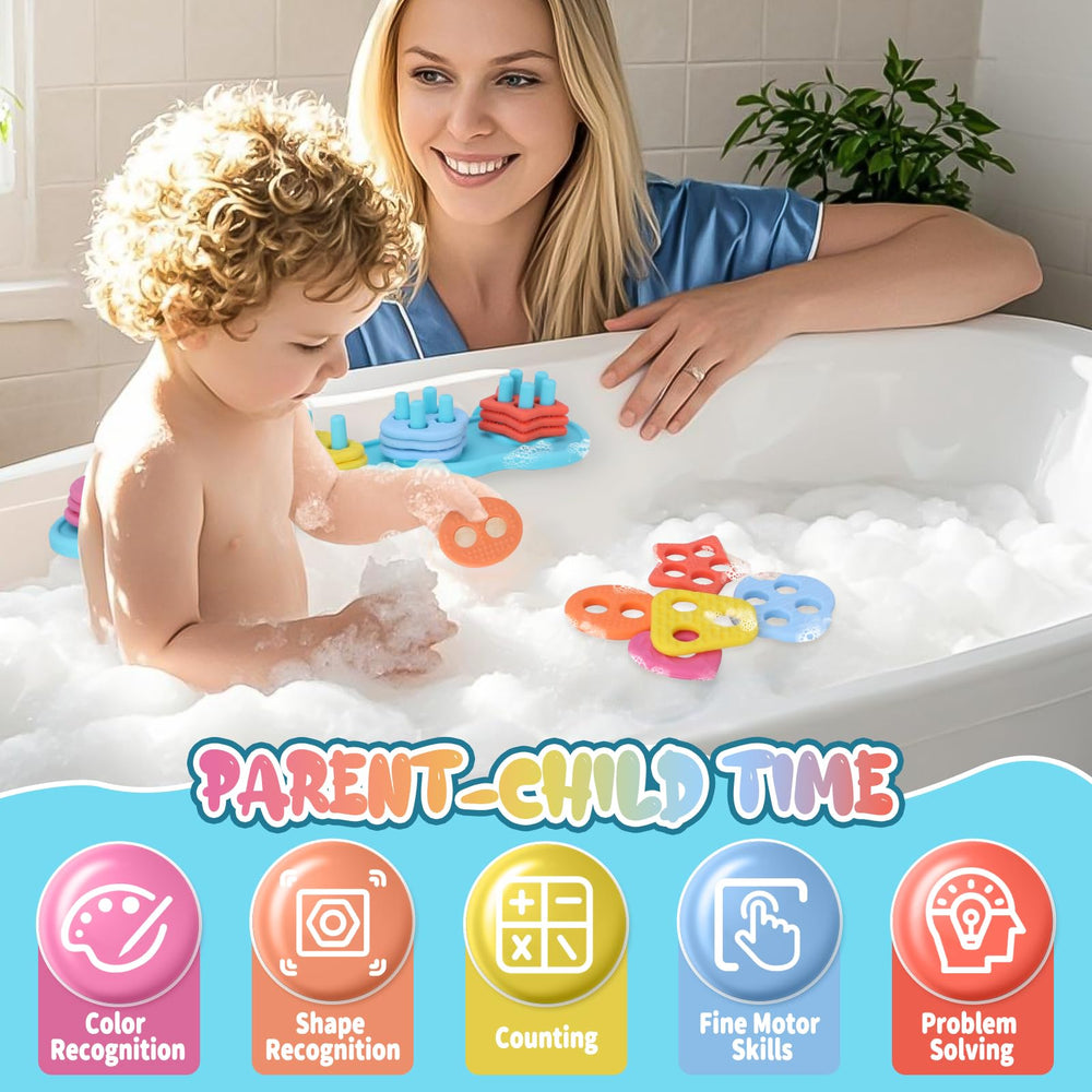 Texviko stacking and sorting bath play boosts early learning and motor skills in kids.
