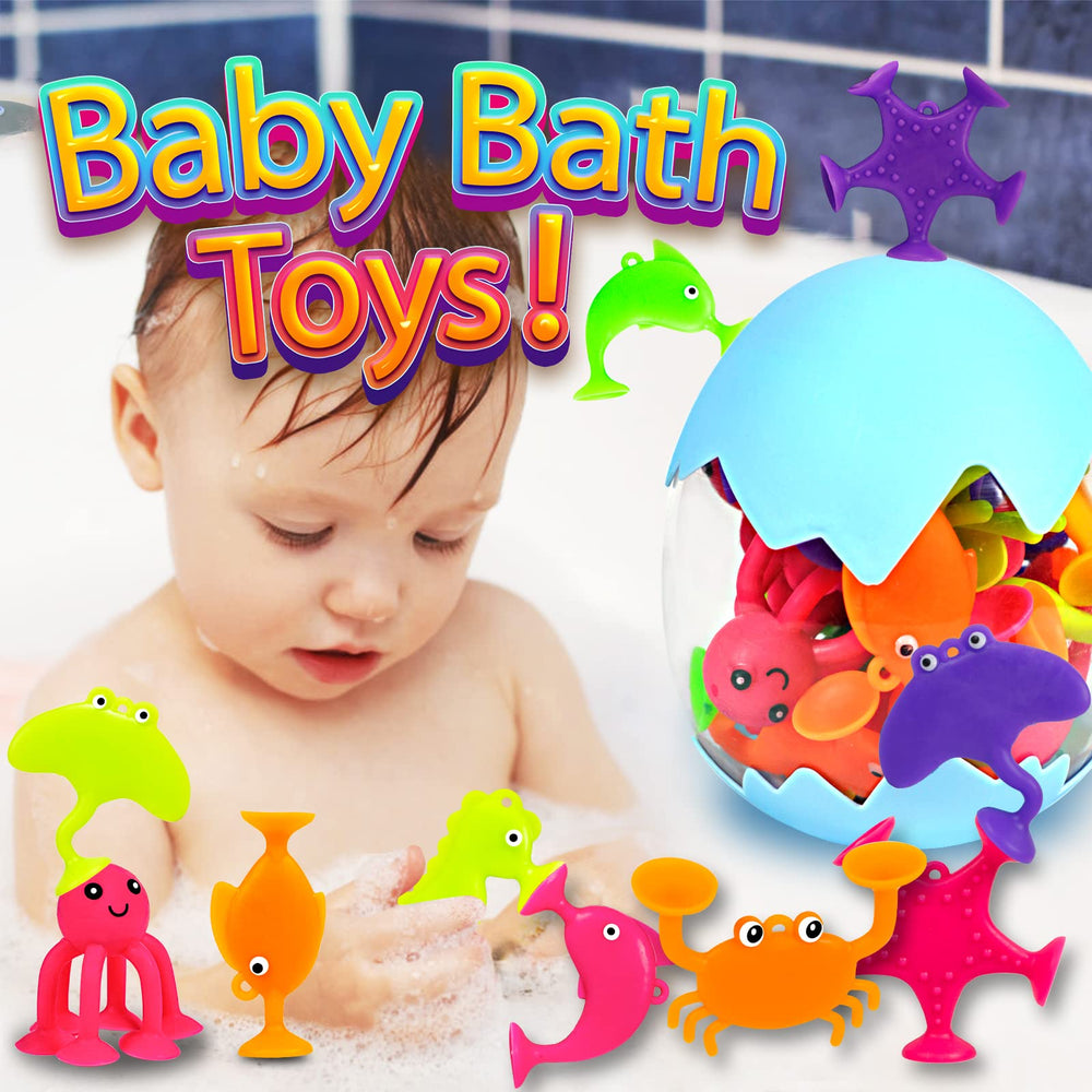Texviko suction cups attach to bath walls for versatile play surfaces.