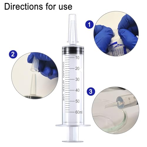 Close-up of TFVBC secure cap on 60ml syringe preventing spills.
