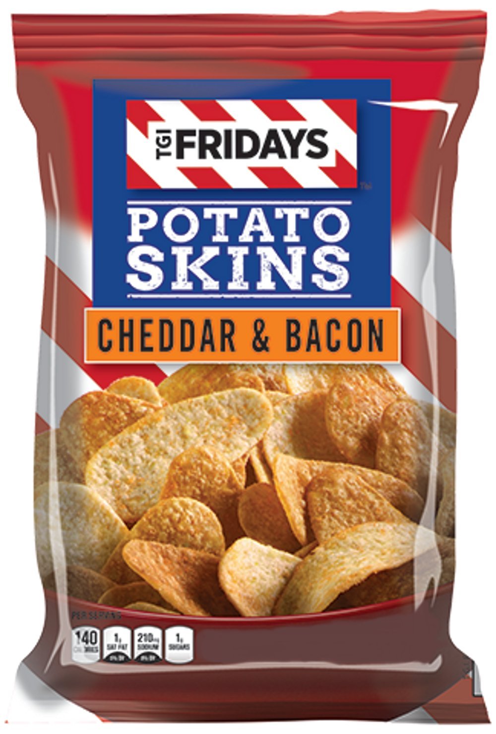 TGI Friday’s Cheddar & Bacon Potato Skins Chips in three 4 oz bags, ideal for parties.