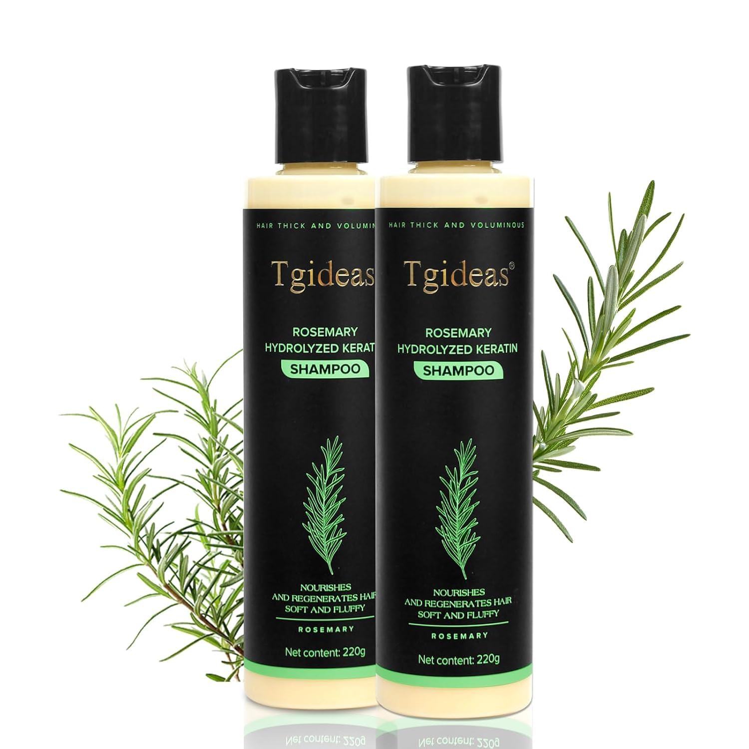 Tgideas Rosemary Biotin Shampoo bottle highlights vegan, color-safe formula for daily care.