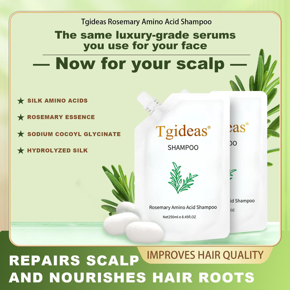 Tgideas Rosemary Biotin Shampoo ingredient close-up highlights healthy-looking strands.