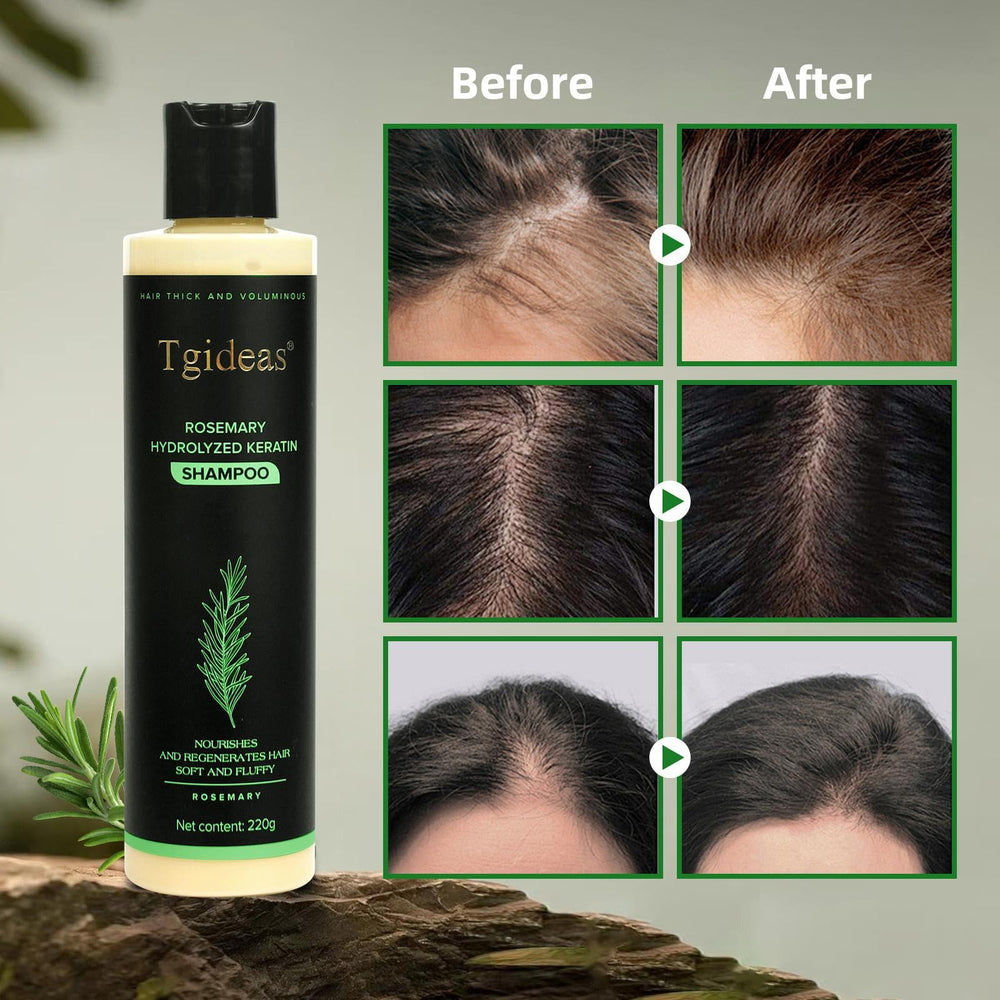 Tgideas Rosemary Biotin Shampoo close-up label shows vegan and color-safe features.