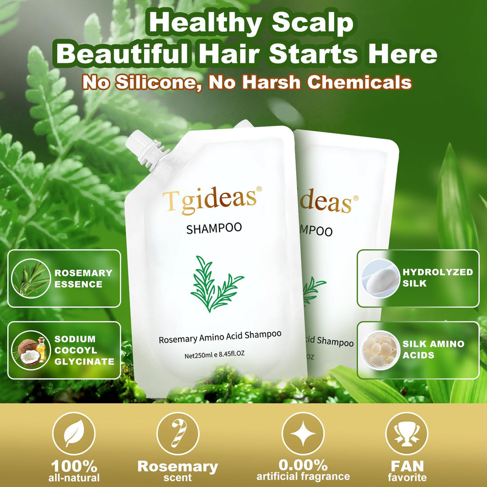 Tgideas Rosemary Biotin Shampoo label emphasizes vegan, cruelty-free formula.