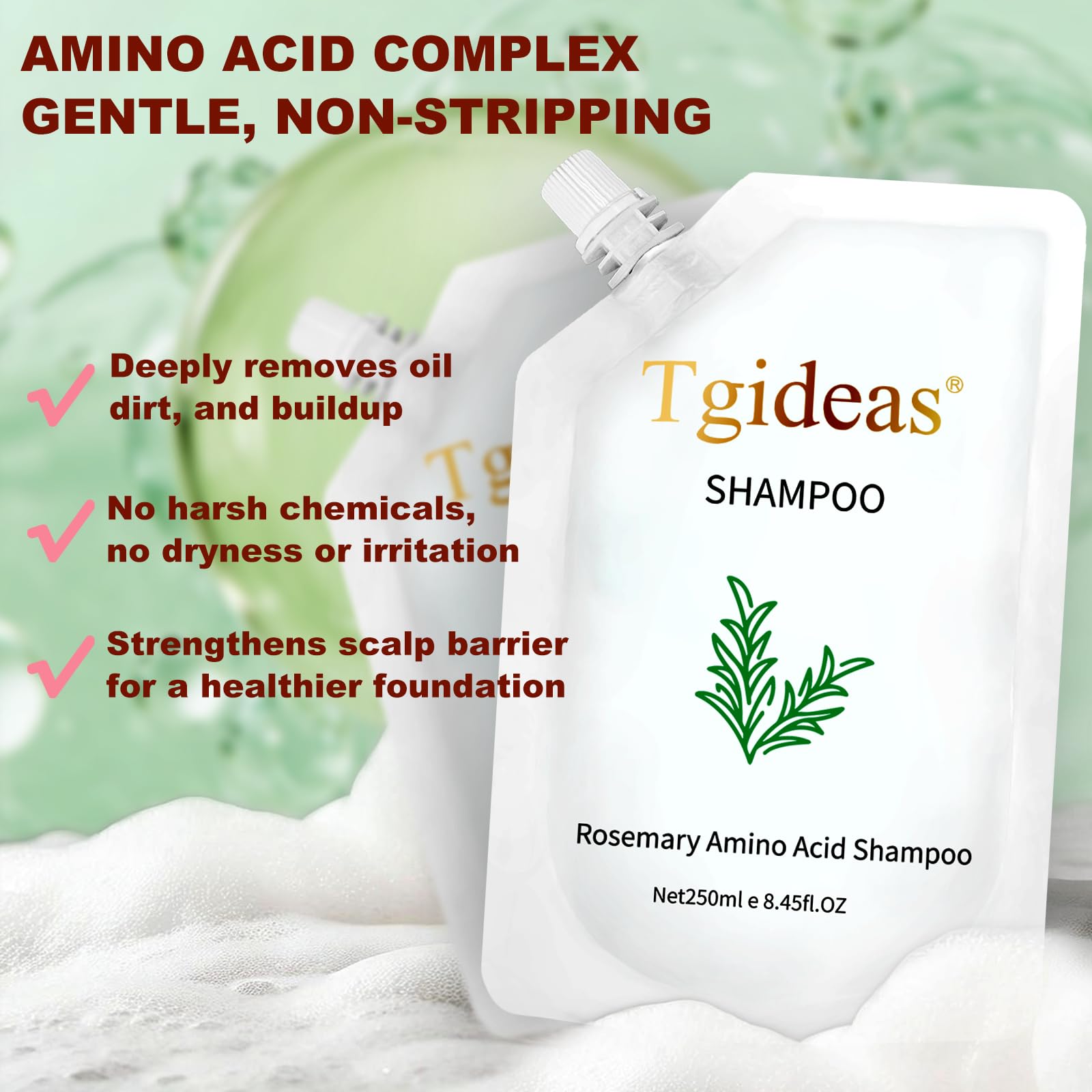 Close-up of rosemary extract highlights natural botanicals in Tgideas shampoo.