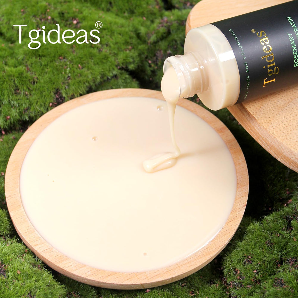 Tgideas product image with rosemary and bottle, highlighting nourishment for hair.