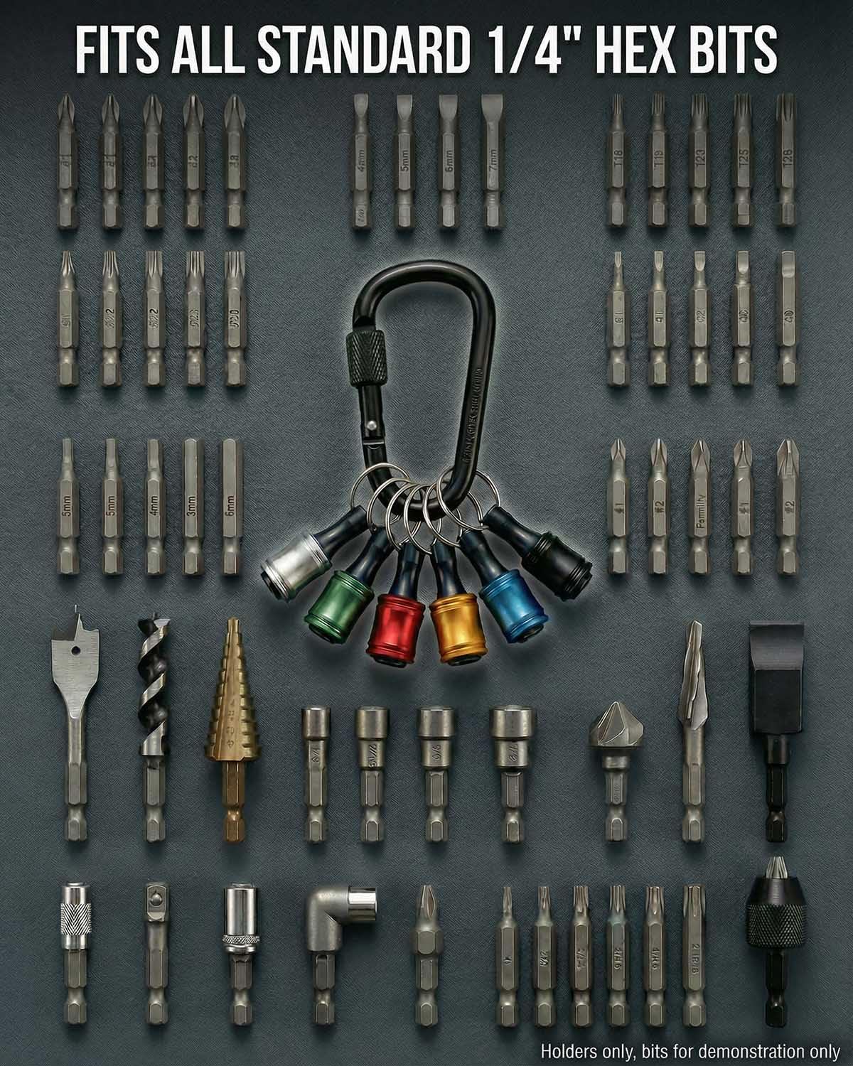 TGSKMZN 6pcs 1/4 hex shank bit holder in-use carabiner demonstrates quick clipping.