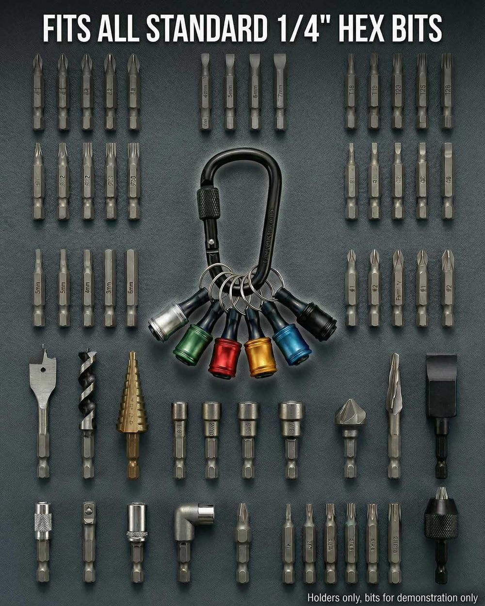 TGSKMZN 6pcs 1/4 hex shank bit holder in-use carabiner demonstrates quick clipping.