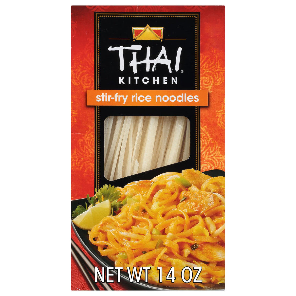 Thai Kitchen rice noodles packaging shows gluten-free, vegan promise for quick meals