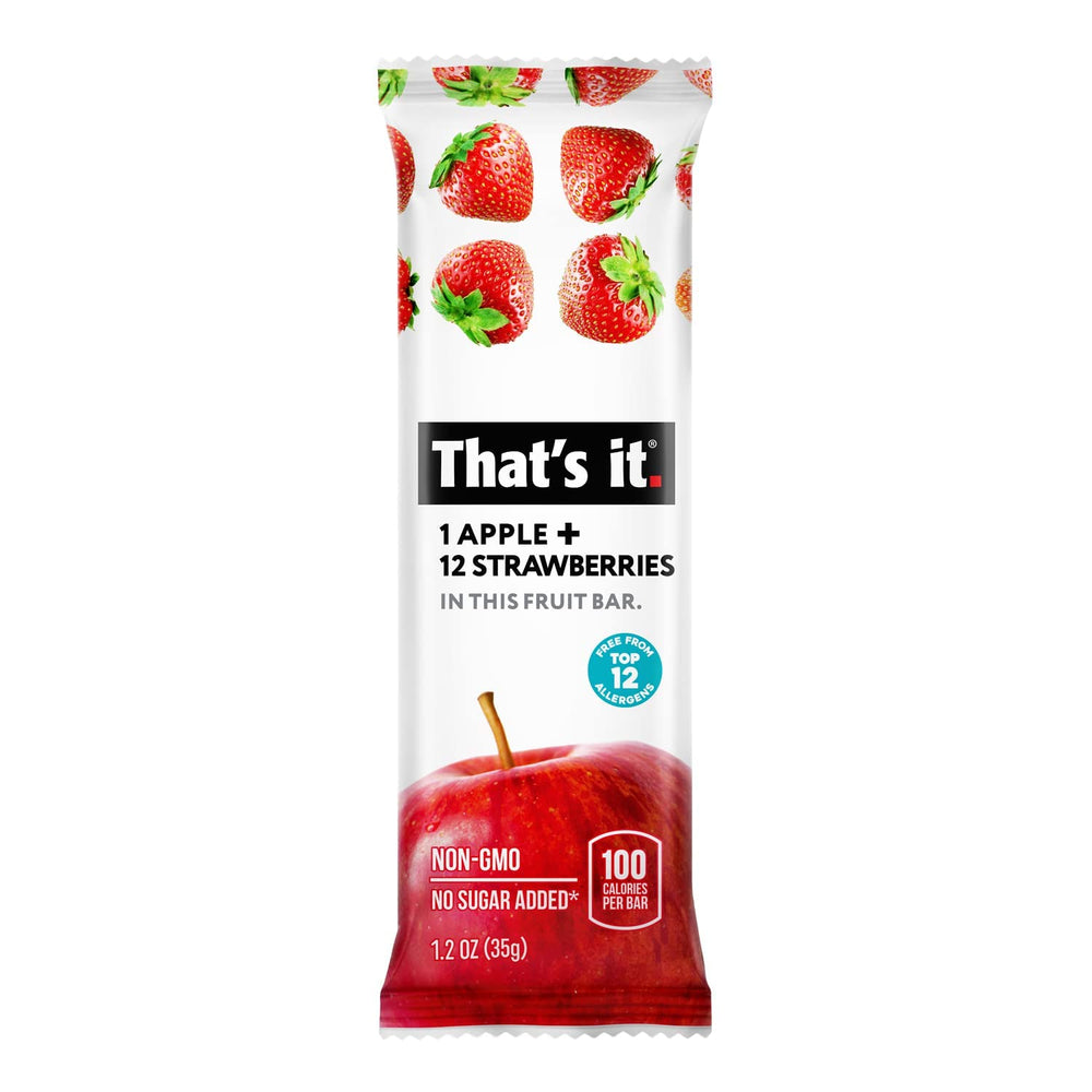 That's It Apple Strawberry Bar close-up shows chewy texture and vibrant fruit pieces.