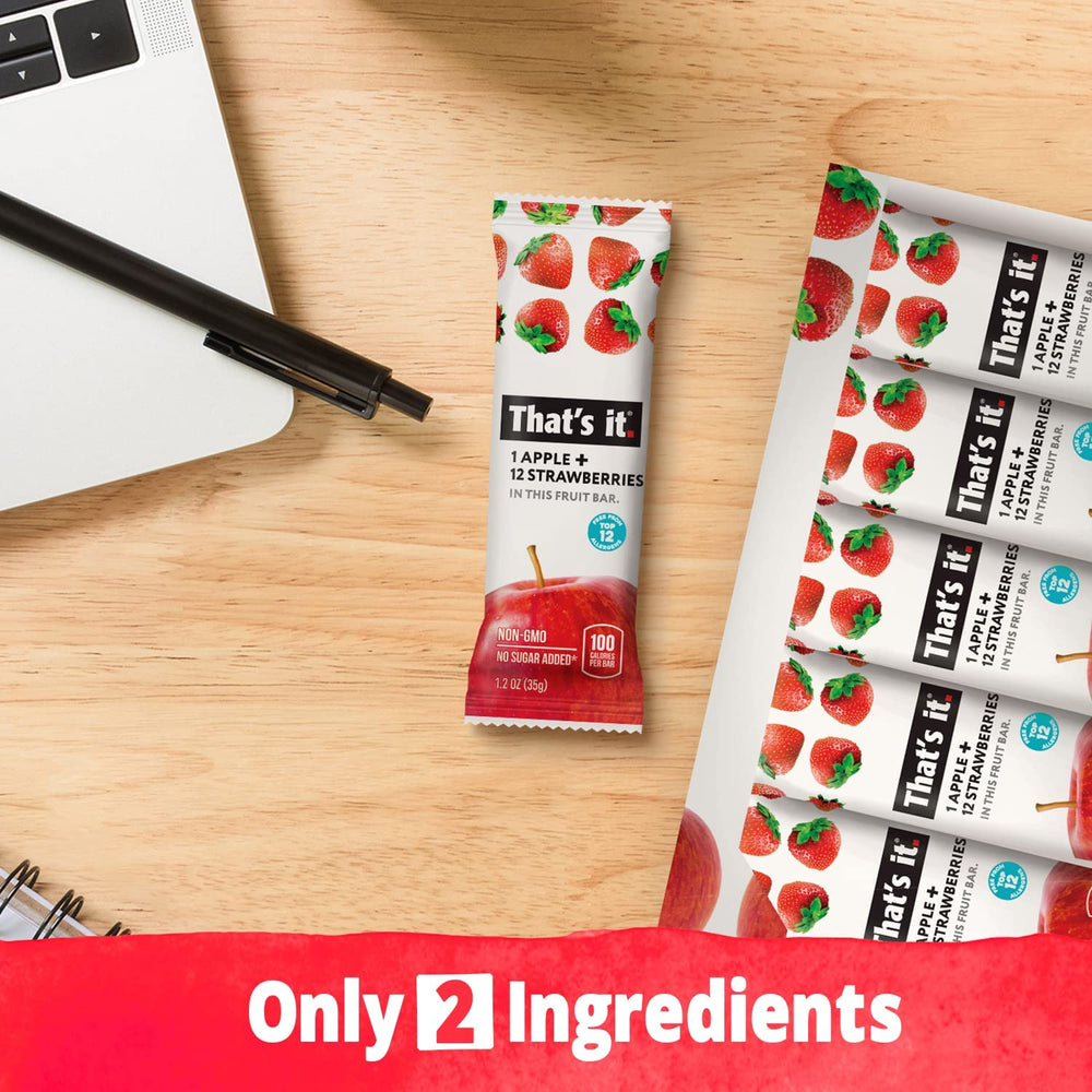 That's It Apple Strawberry Bar on gym bag-ready snack for active days.