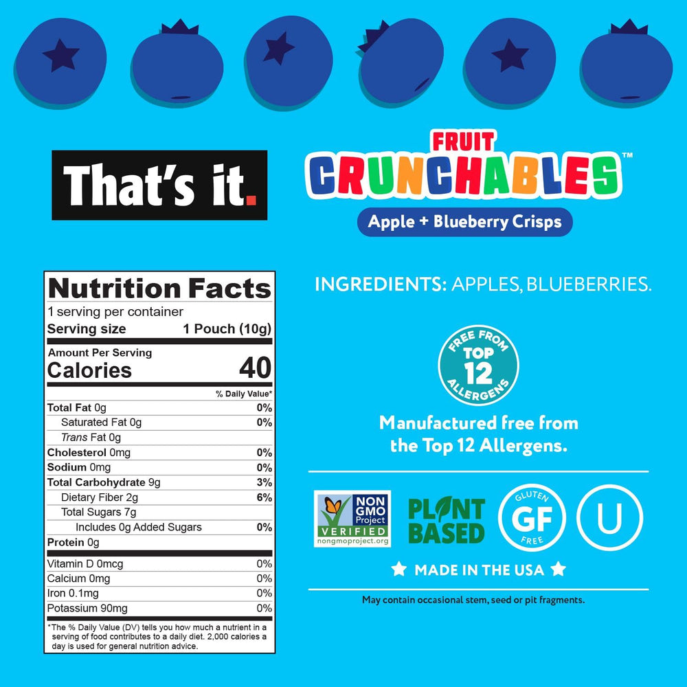 That's it Fruit Crunchables pouch close-up, a 40-calorie, no added sugar treat.