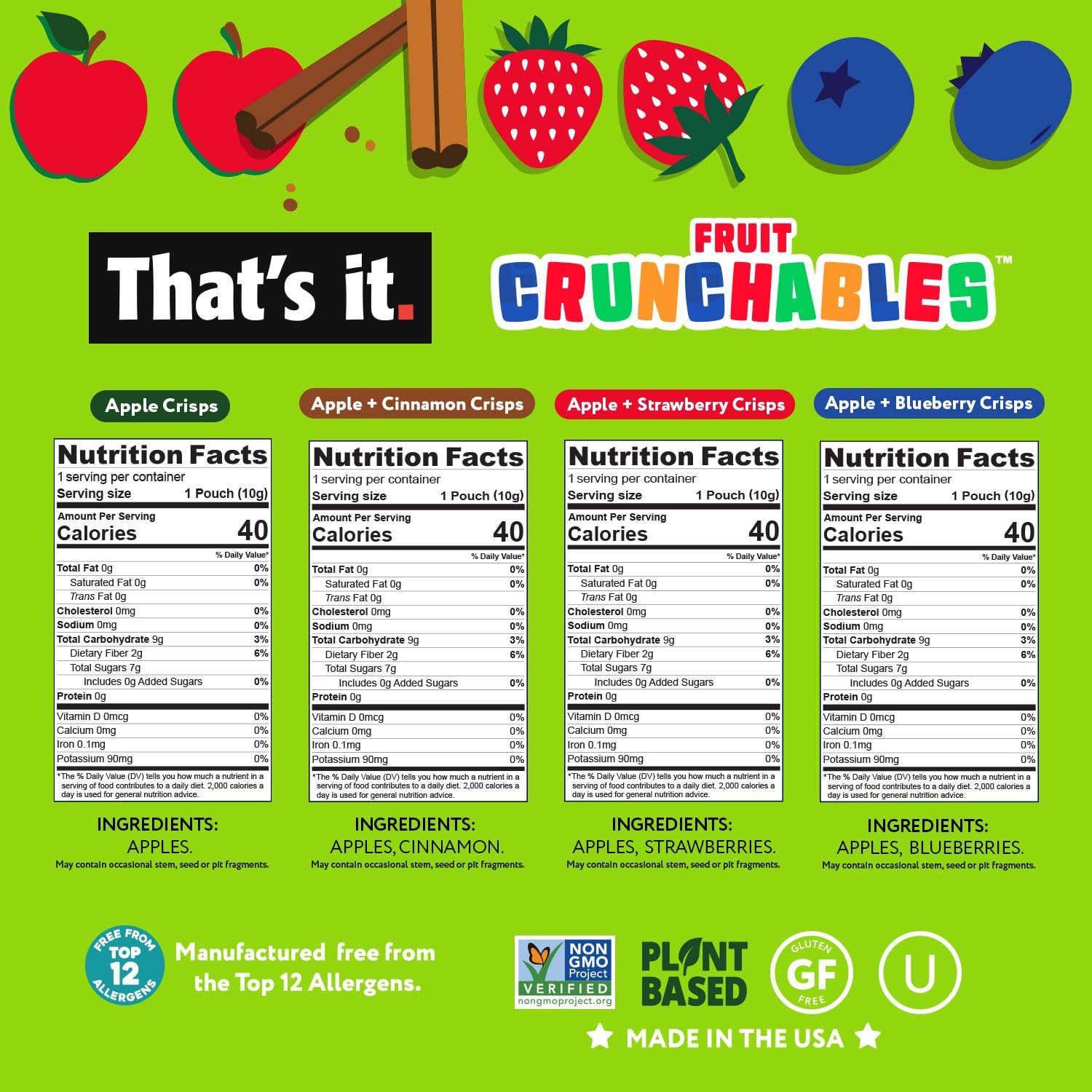 That's it Fruit Crunchables close-up of 100% fruit crisps for on-the-go snacking.