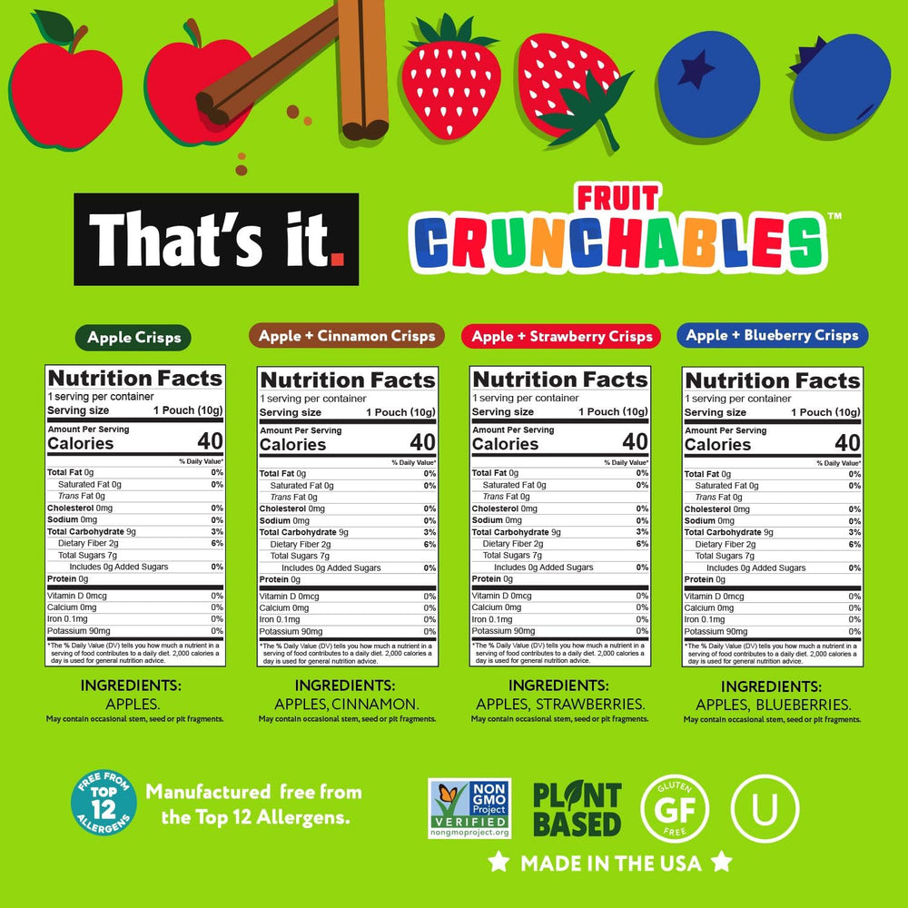 That's it Fruit Crunchables close-up of 100% fruit crisps for on-the-go snacking.