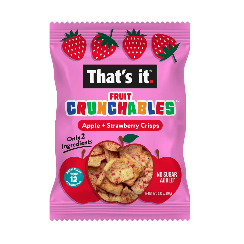 That's it Fruit Crunchables apple-strawberry crisps bag open showing crisp texture