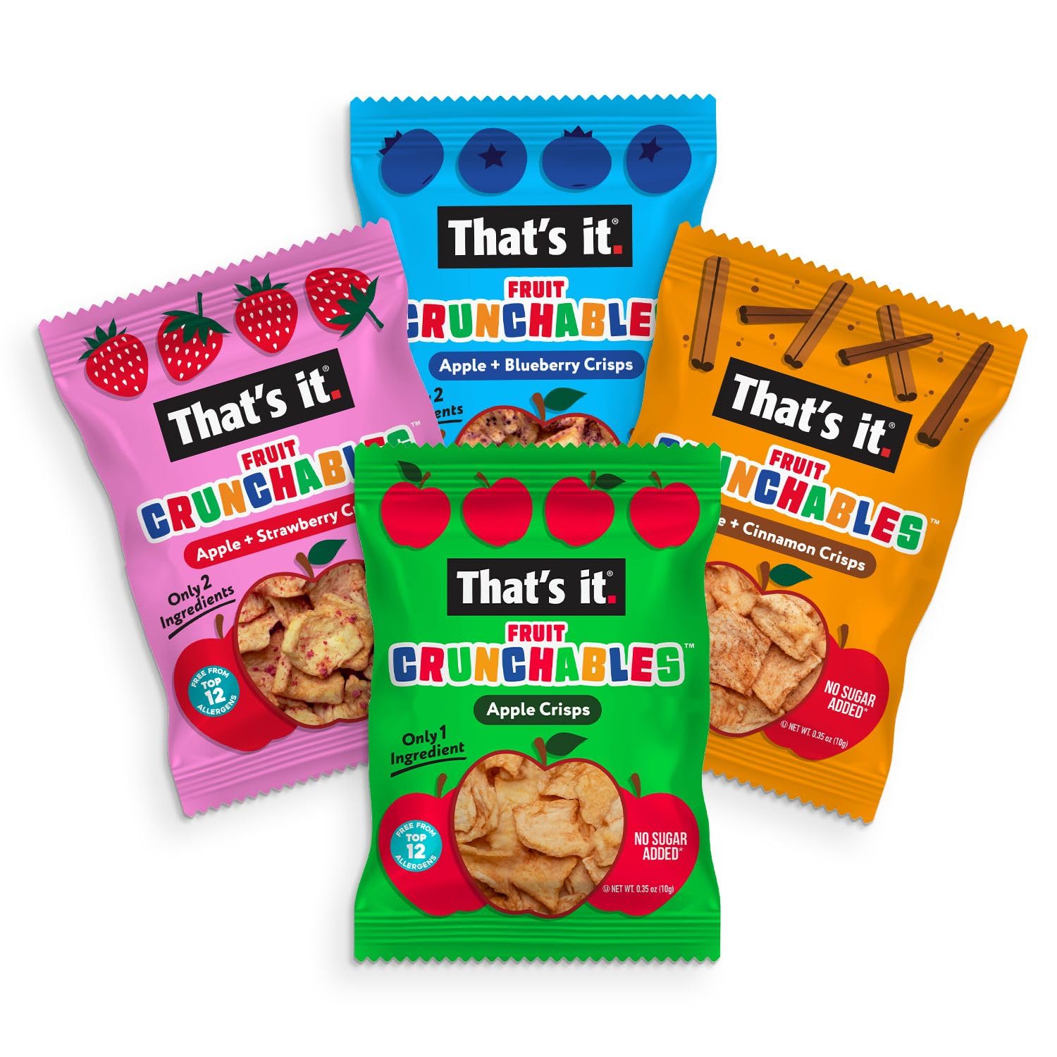 That's it Fruit Crunchables assorted flavors layout showing Apple, Cinnamon, Strawberry, Blueberry.