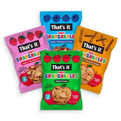 That's it Fruit Crunchables assorted flavors layout showing Apple, Cinnamon, Strawberry, Blueberry.