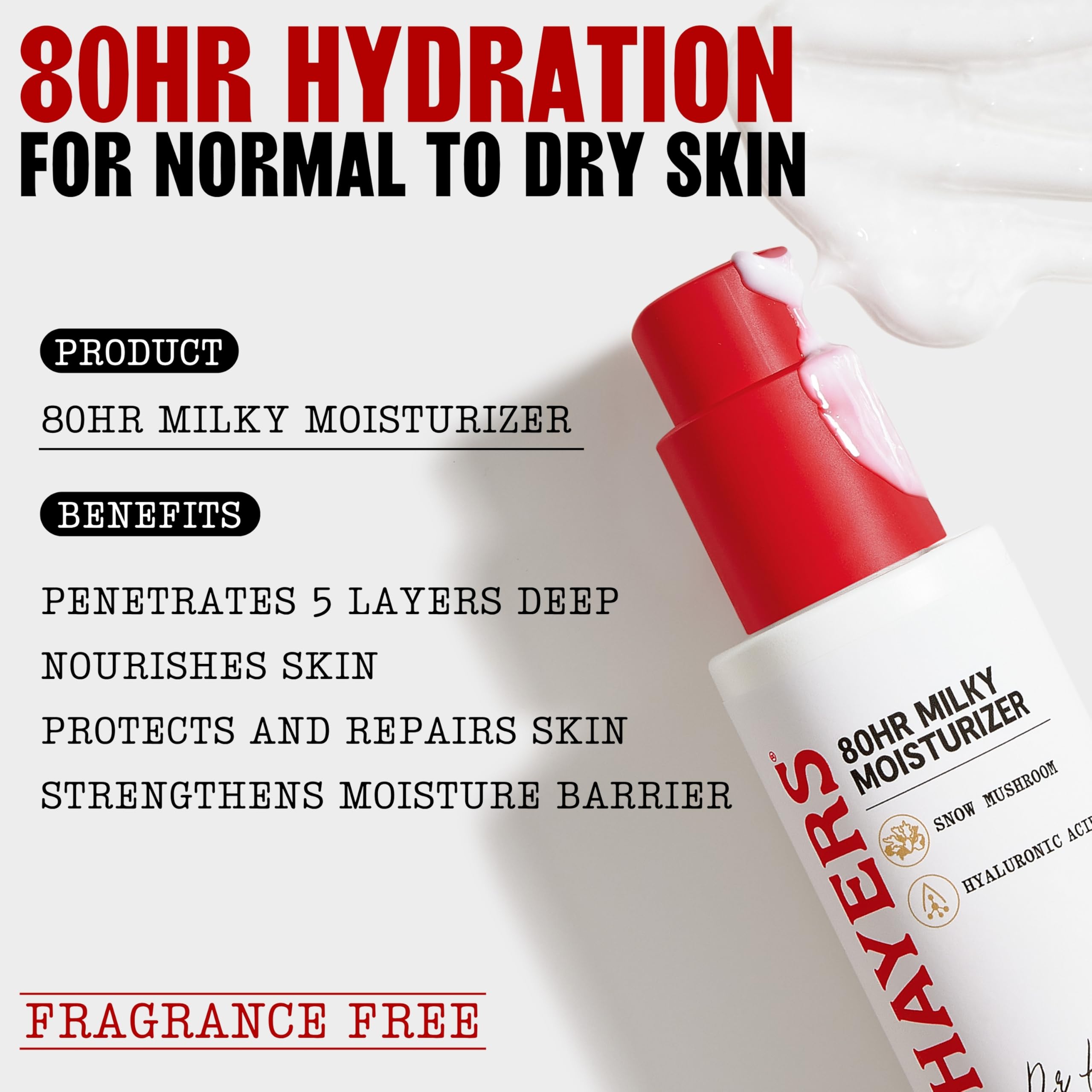 Thayers 80HR Milky Moisturizer dispense pump - quick, lightweight hydration in seconds.