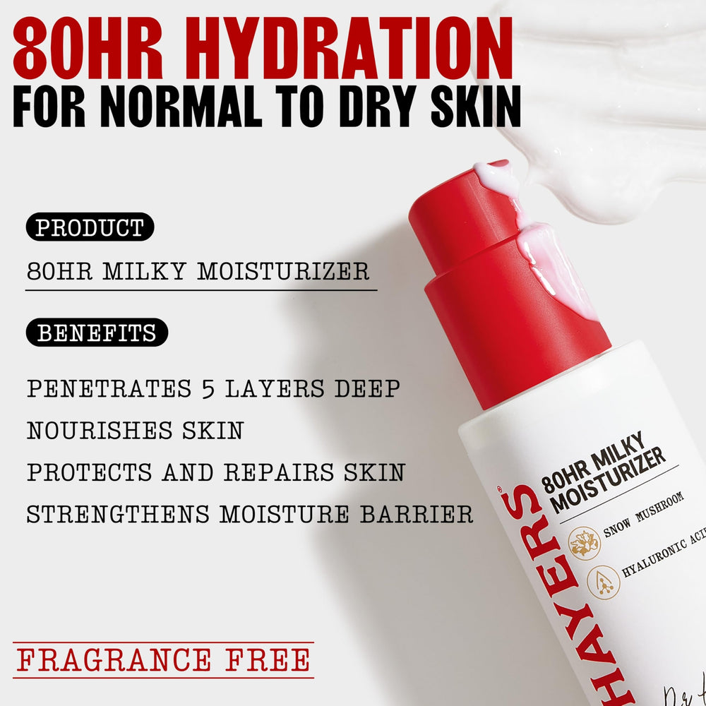 Thayers 80HR Milky Moisturizer dispense pump - quick, lightweight hydration in seconds.