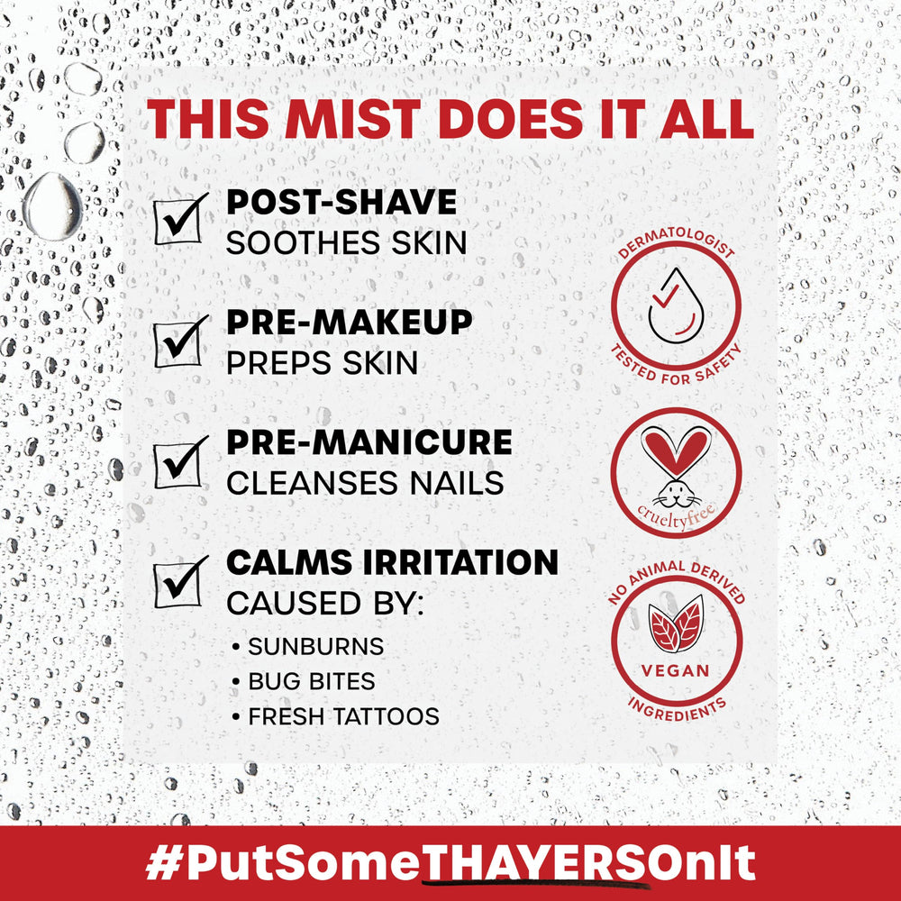 Thayers Bottle label close-up showcases organic Witch Hazel and cruelty-free formula.