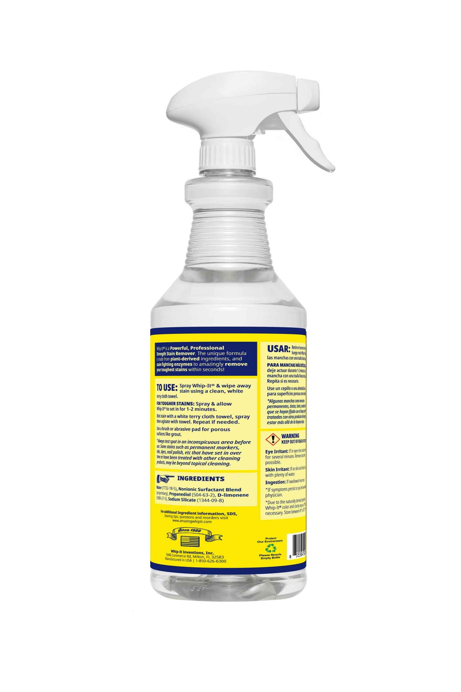 THE AMAZING WHIP-IT spray action shows quick stain lifting on contact