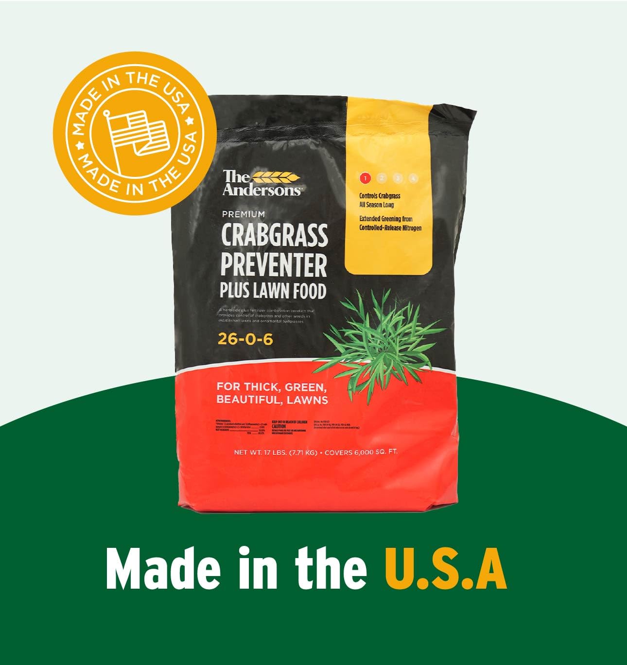 The Andersons premium crabgrass preventer label graphic highlights safe use across turf varieties.