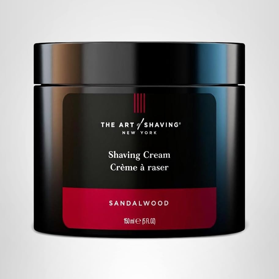 The Art of Shaving sandalwood shaving cream box showcases premium care.