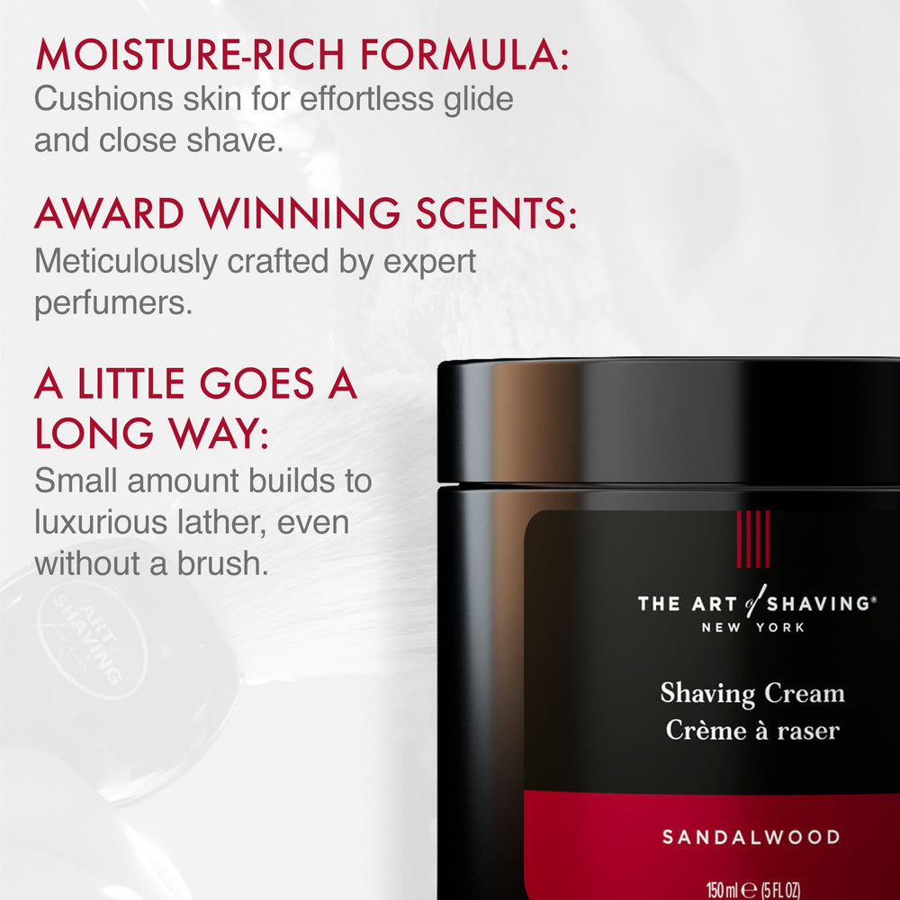 The Art of Shaving sandalwood shaving cream lather enhances prep and hydrates dry skin.