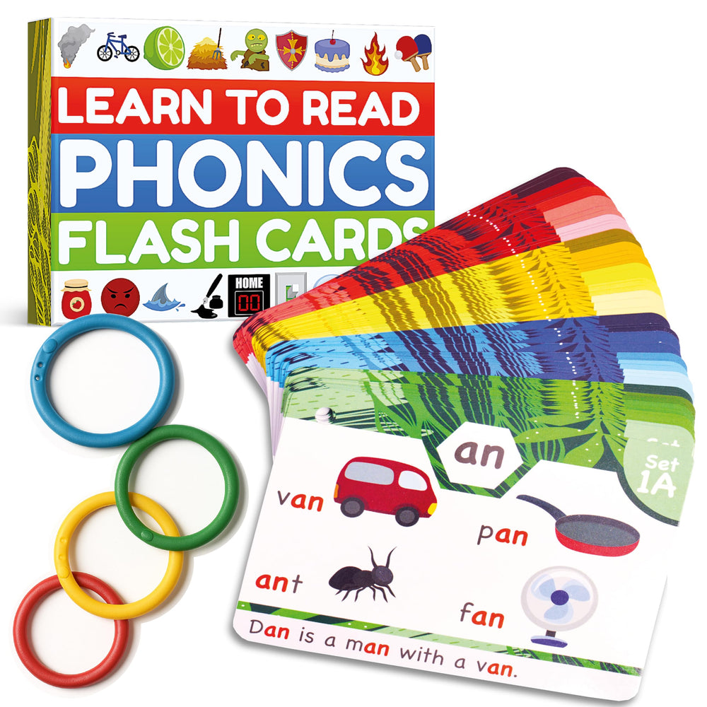 The Bambino Tree phonics flash cards pack with colorful illustrations support early reading