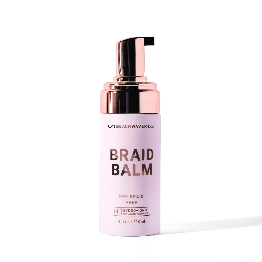 The Beachwaver Co Braid Balm Foam bottle ready for priming smooth braids