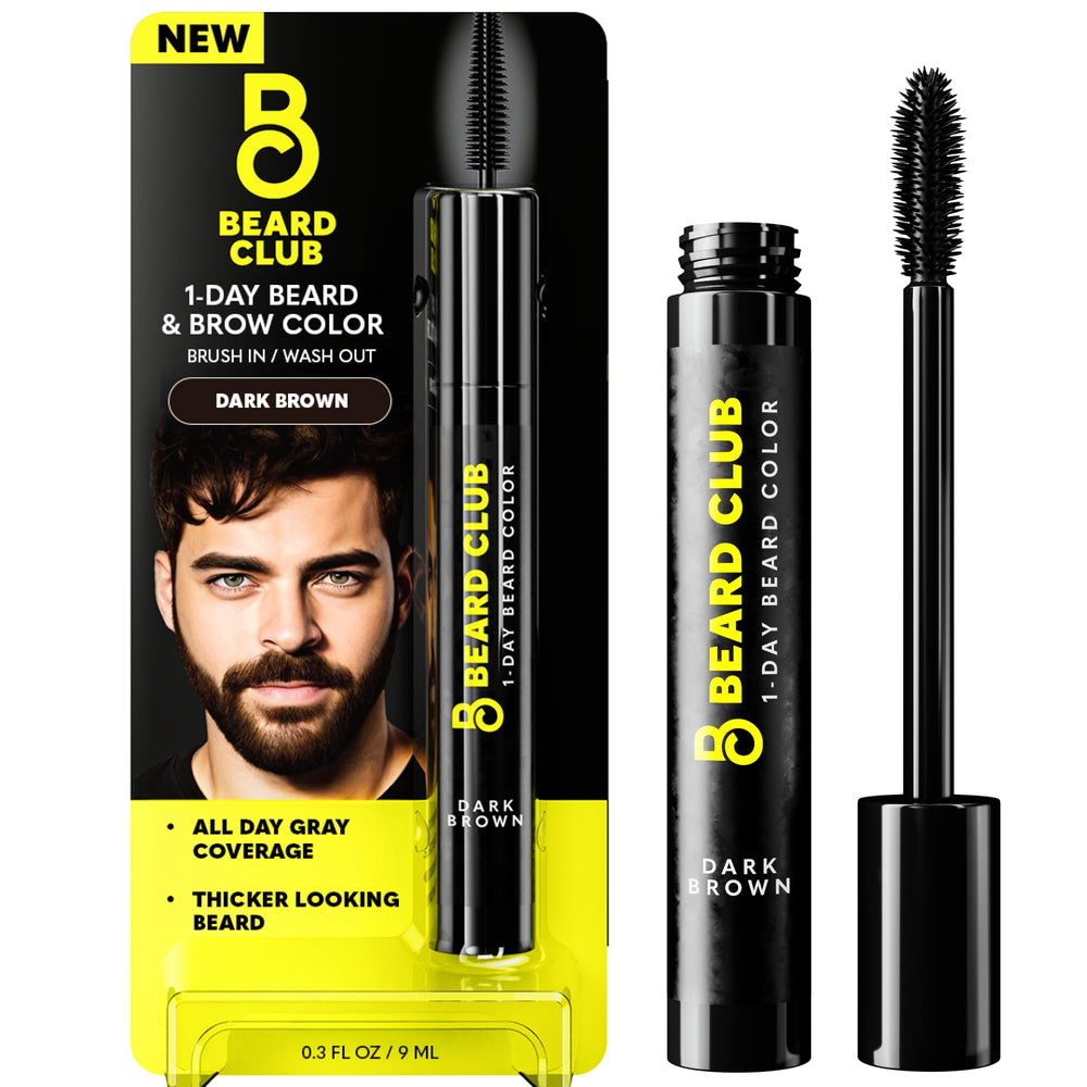 The Beard Club 1 Day beard dye bottle provides fast, natural-dark brown color.