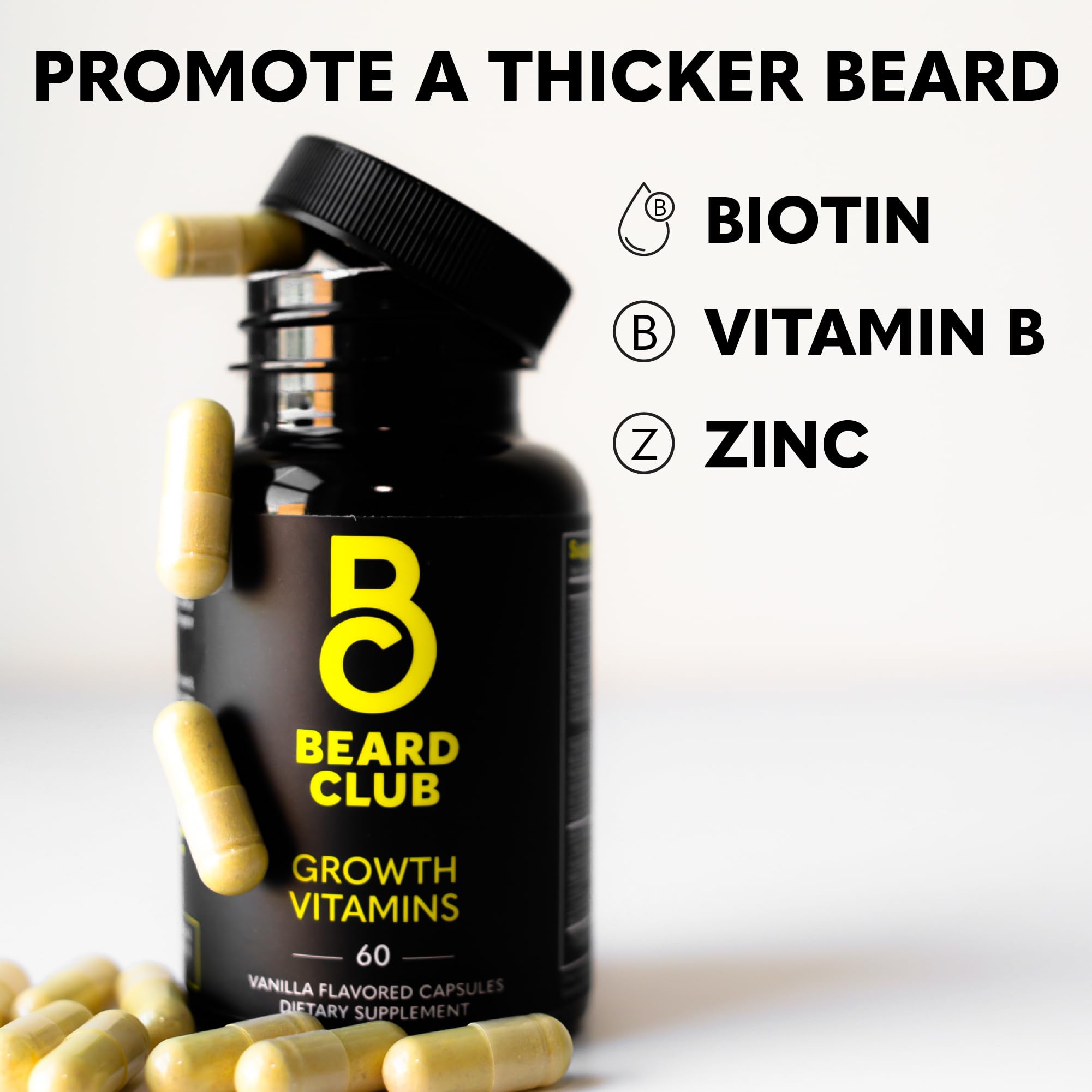 The Beard Club capsules pouring suggests a simple daily intake ritual