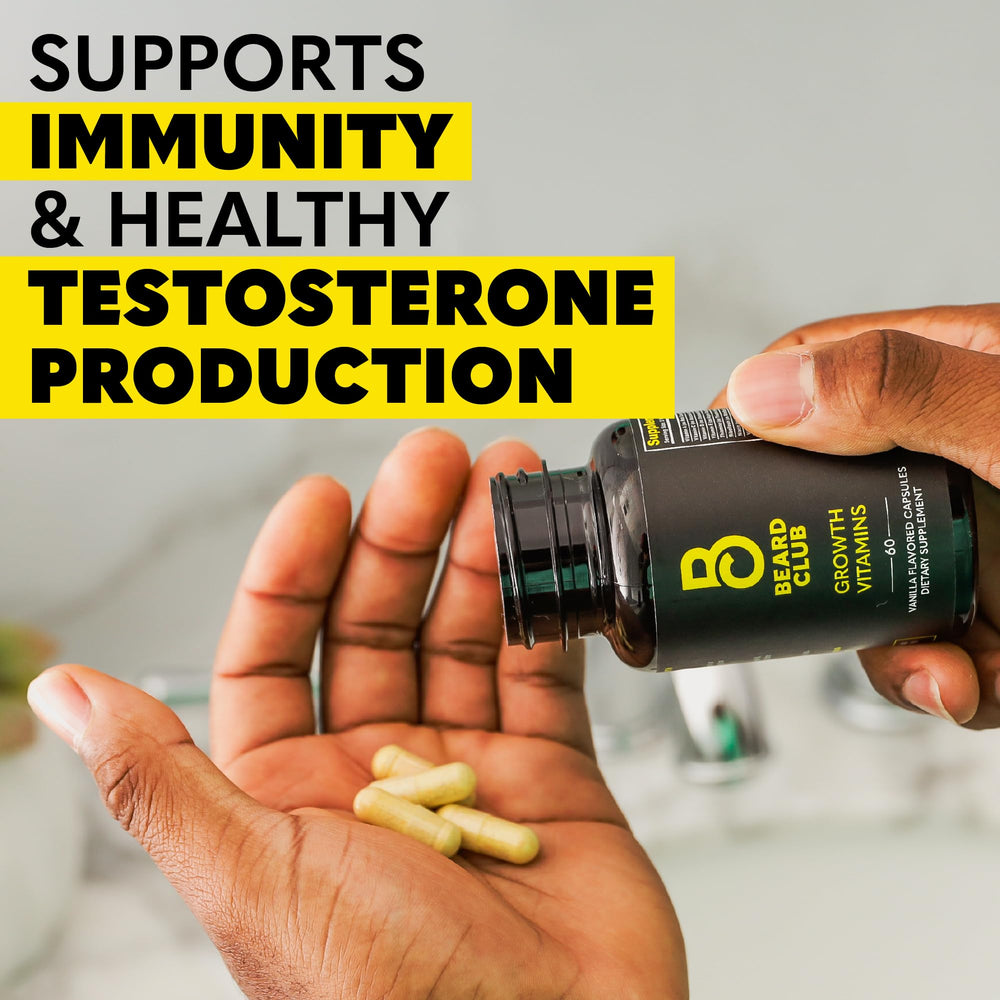 Daily vitamin routine on a bathroom counter beside grooming tools