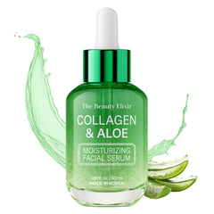 The Beauty Elixir Aloe and Collagen Serum bottle showcases luxurious hydration and anti-aging benefits.