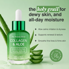 The Beauty Elixir Aloe and Collagen Serum texture close-up shows refreshing gel that absorbs quickly.