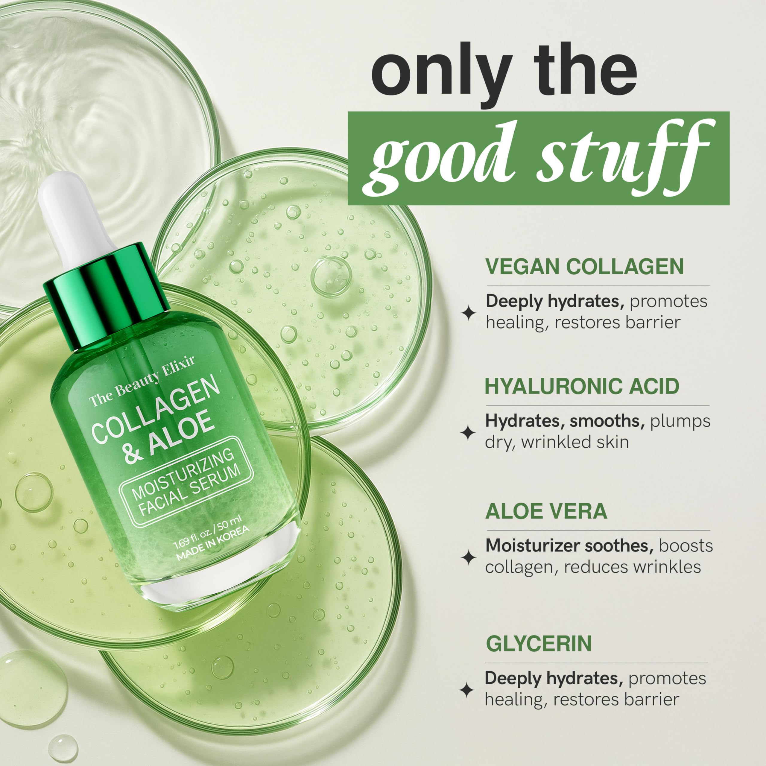 The Beauty Elixir serum packaging elegant bottle on vanity conveys premium Korean skincare.