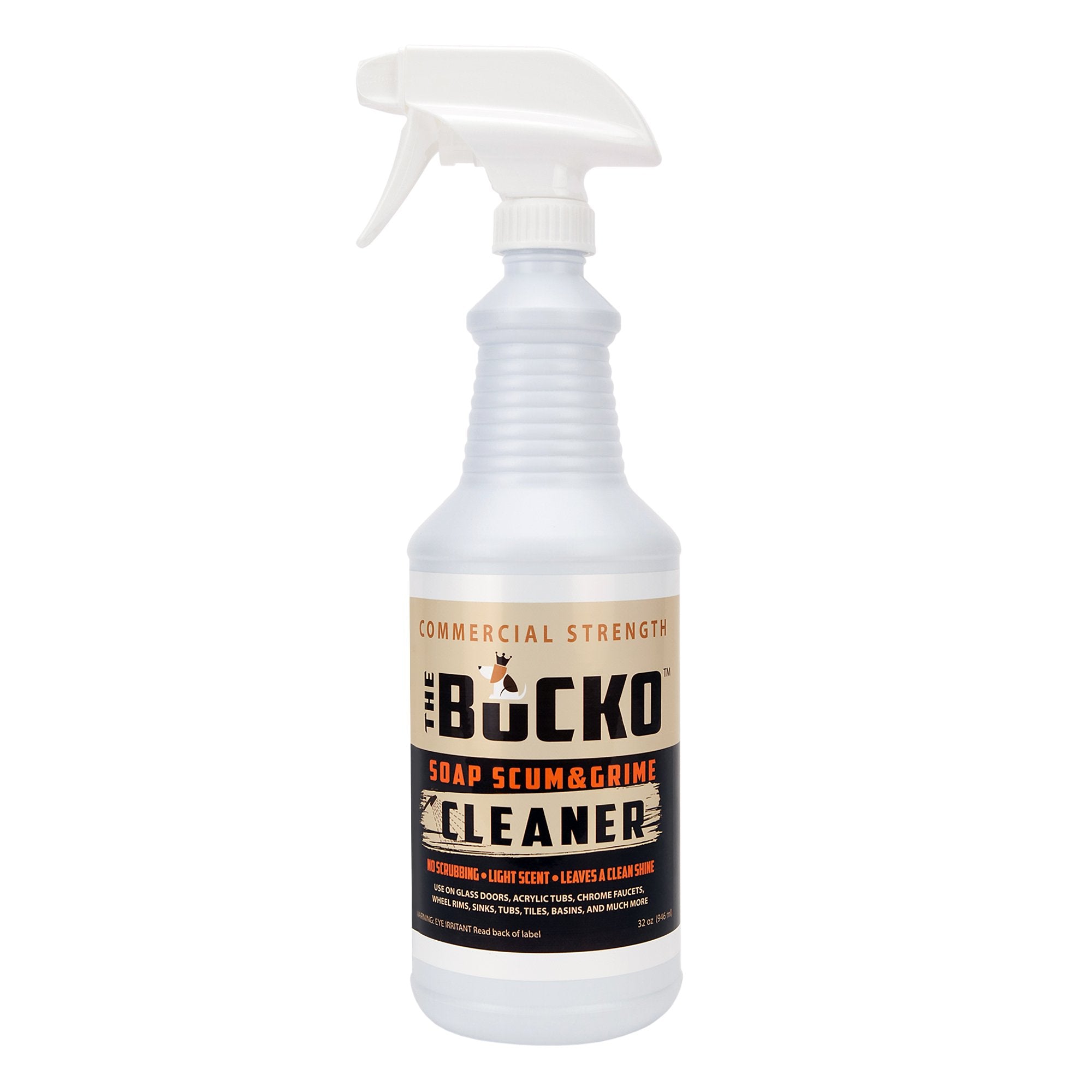 The Bucko Soap Scum Cleaner bottle shows easy spray application for quick shine.