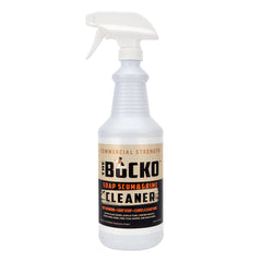 The Bucko Soap Scum Cleaner bottle shows easy spray application for quick shine.