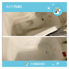 The Bucko Soap Scum Cleaner on glass shower doors delivers streak-free clarity.