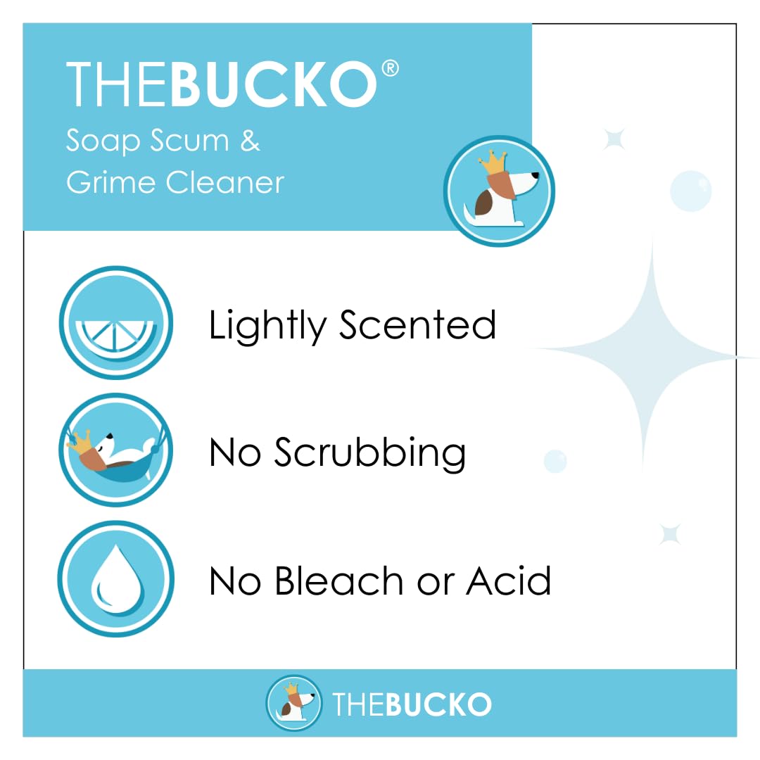 The Bucko Soap Scum Cleaner sprayer provides even coverage against grime.