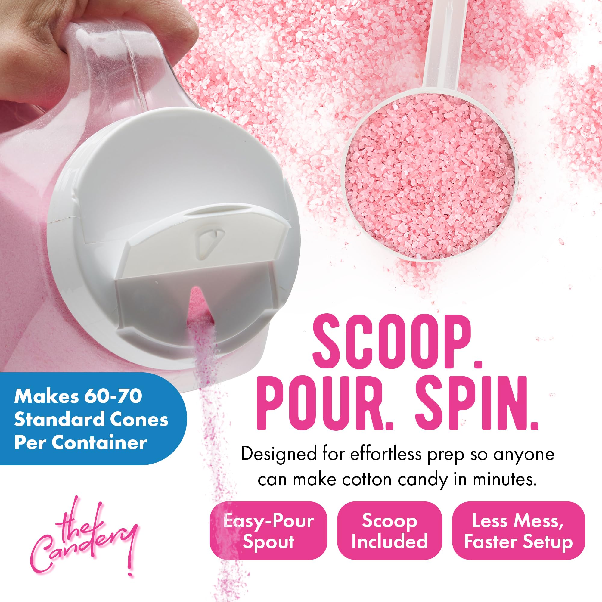 The Candery easy pour spout on floss sugar jar in use