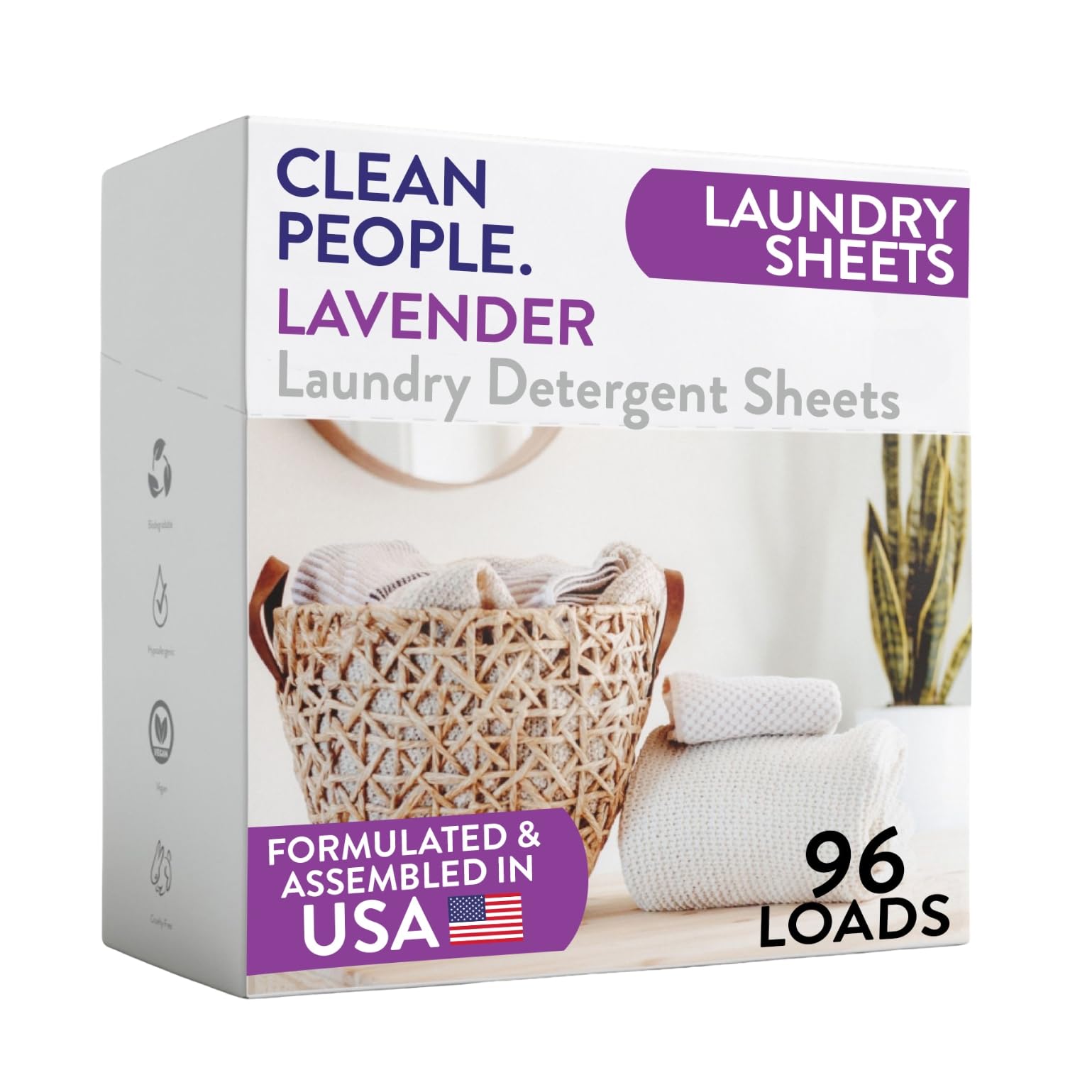 The Clean People lavender laundry sheets pack, eco-friendly packaging for laundry
