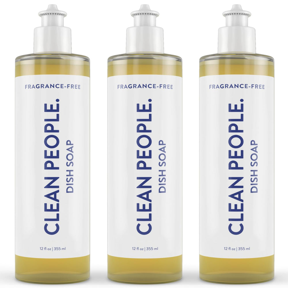 The Clean People liquid dish soap amber bottle pour highlights quick grease removal