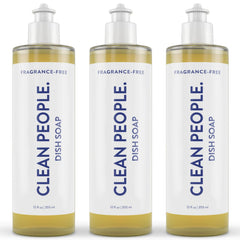 The Clean People liquid dish soap amber bottle pour highlights quick grease removal