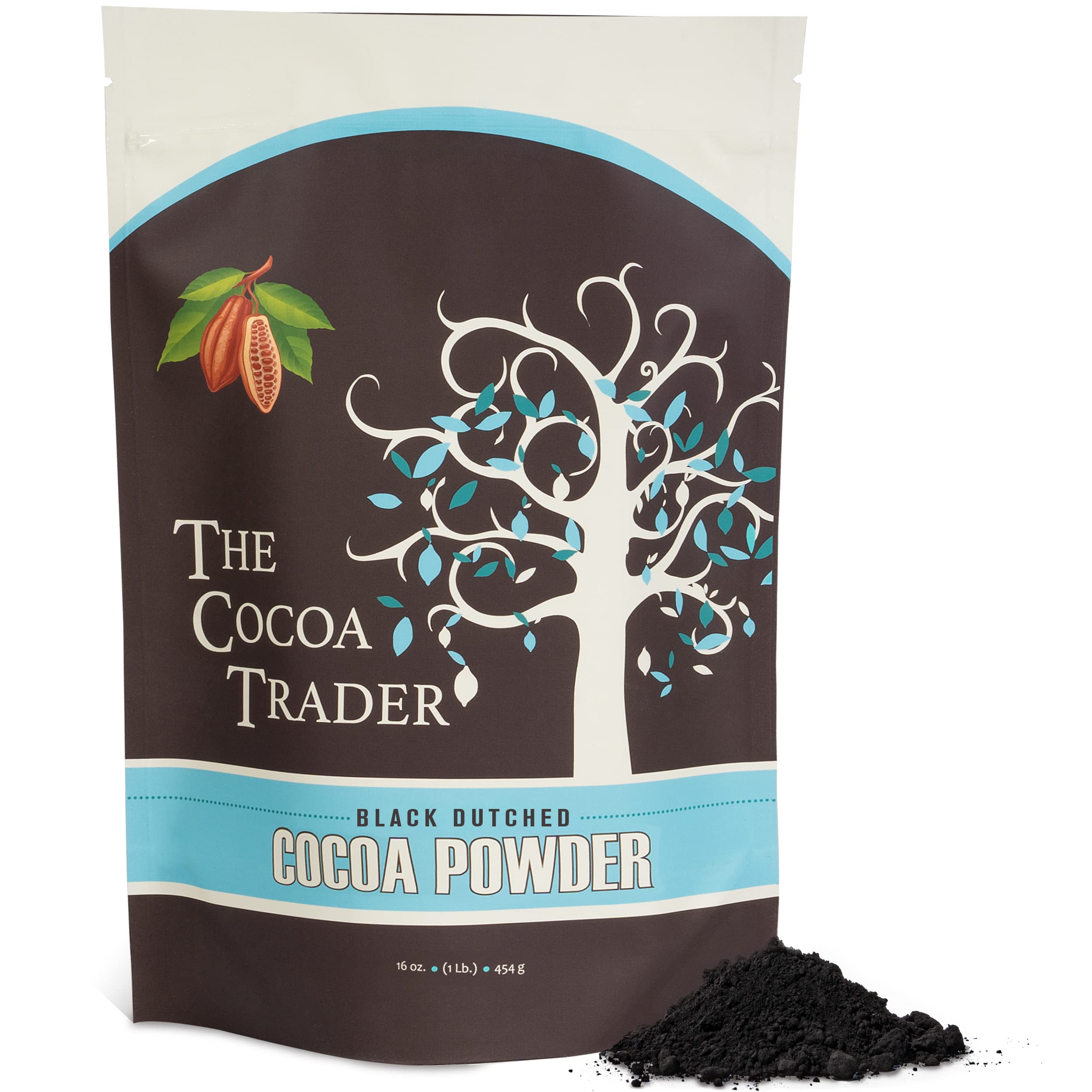The Cocoa Trader Black Dutch-Processed cocoa powder bag delivers deep color for desserts.