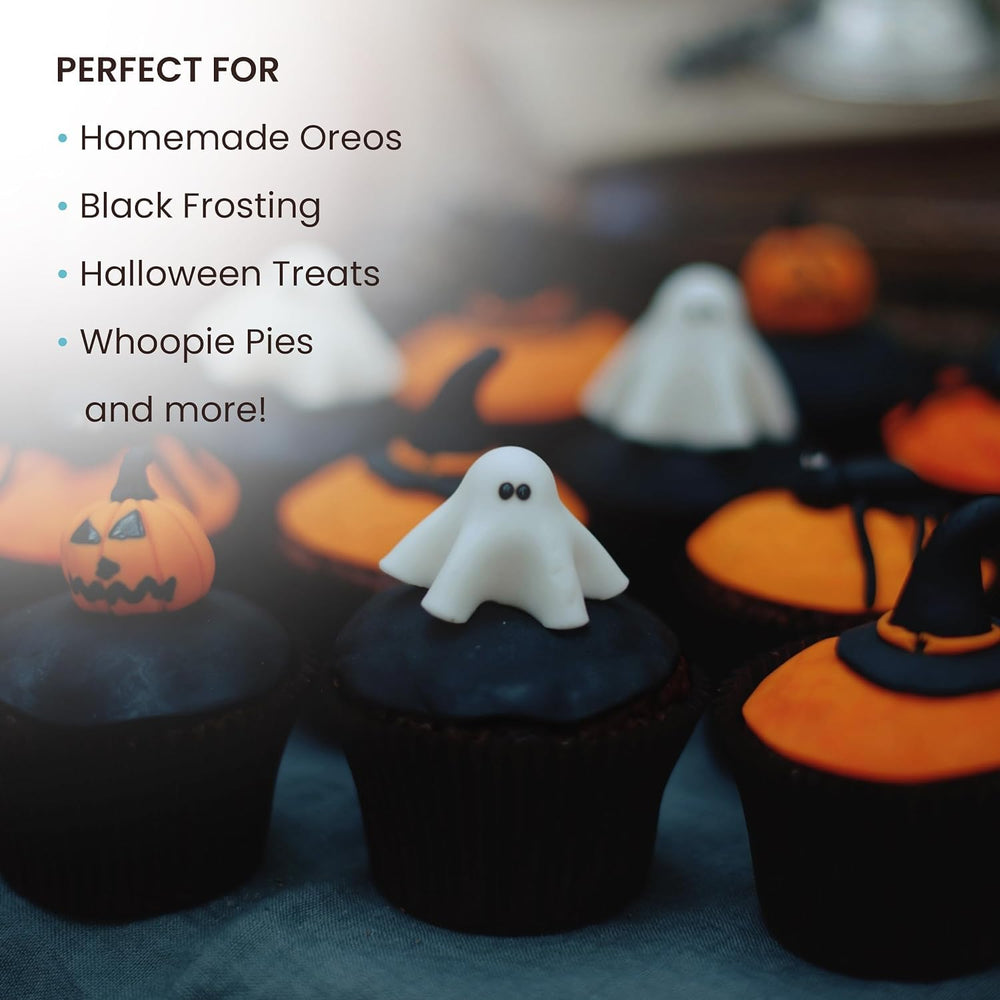 The Cocoa Trader deep black color enhances visuals in desserts.