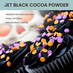 The Cocoa Trader unsweetened black cocoa powder jar showcases versatile baking uses.