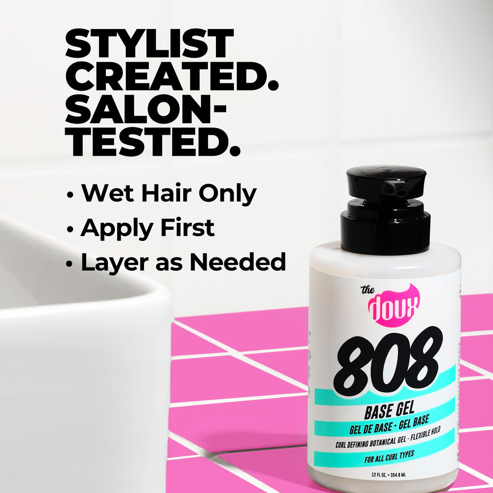 The Doux 808 Base Curl Defining Gel twist-out styling for lasting shape.