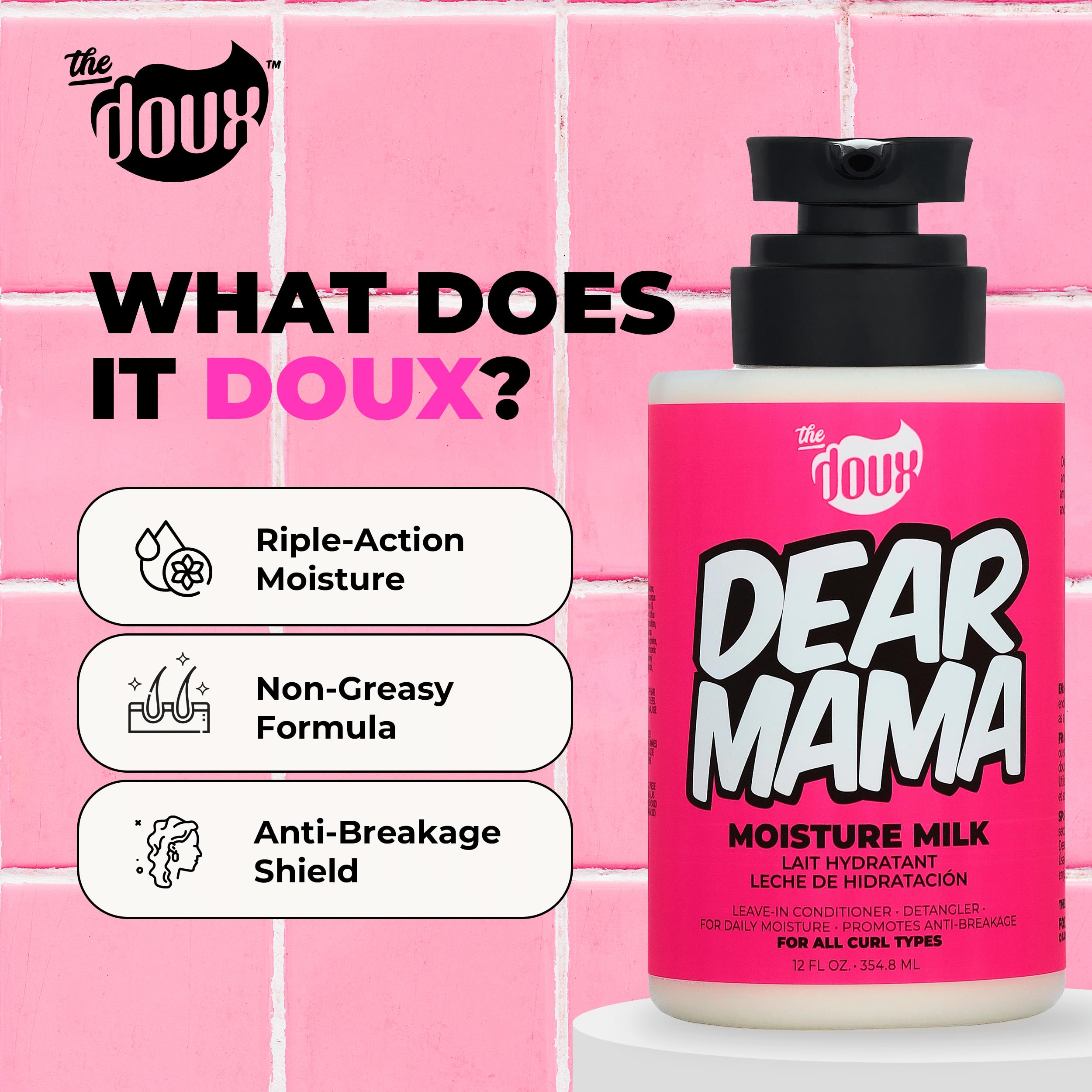 Aloe and pineapple ingredients spotlight in The Doux DEAR MAMA bottle.