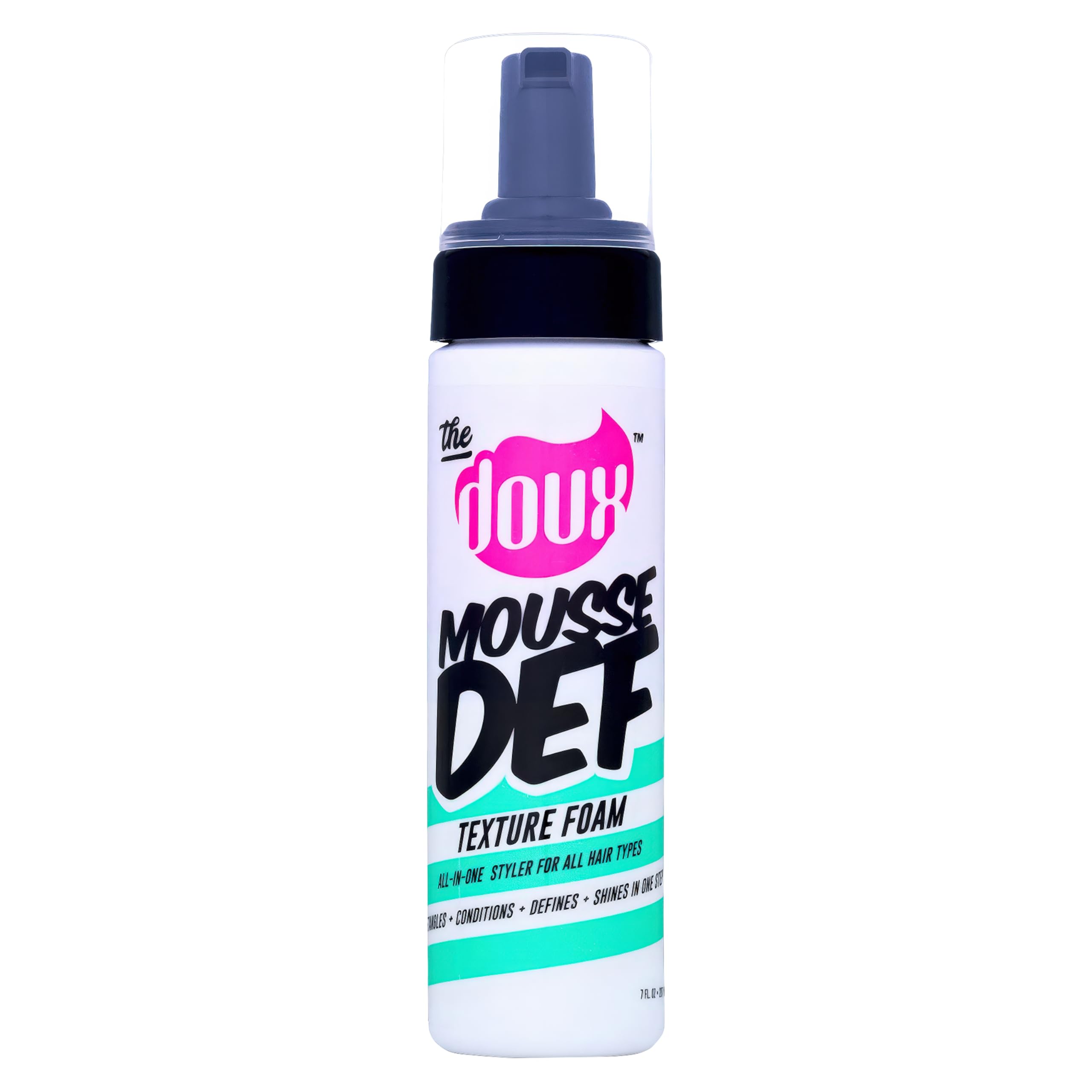 The Doux Multi-Use Mousse bottle close-up for smooth, frizz-free curls.